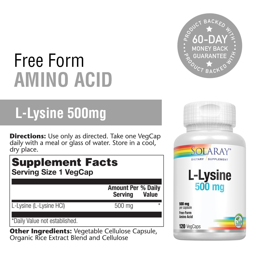 Box and bottle packaging for Solaray L-Lysine 500 mg capsules