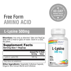 Box and bottle packaging for Solaray L-Lysine 500 mg capsules