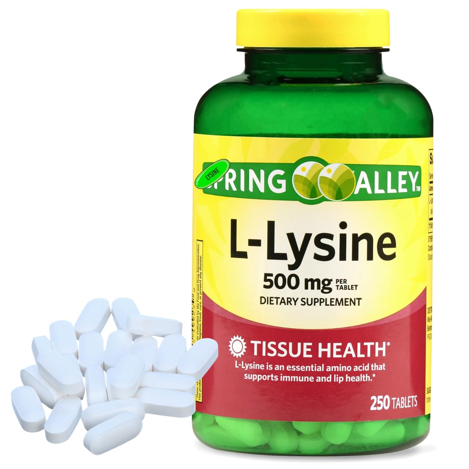 Bottle of L Lysine 500 mg tablets with 250-count label