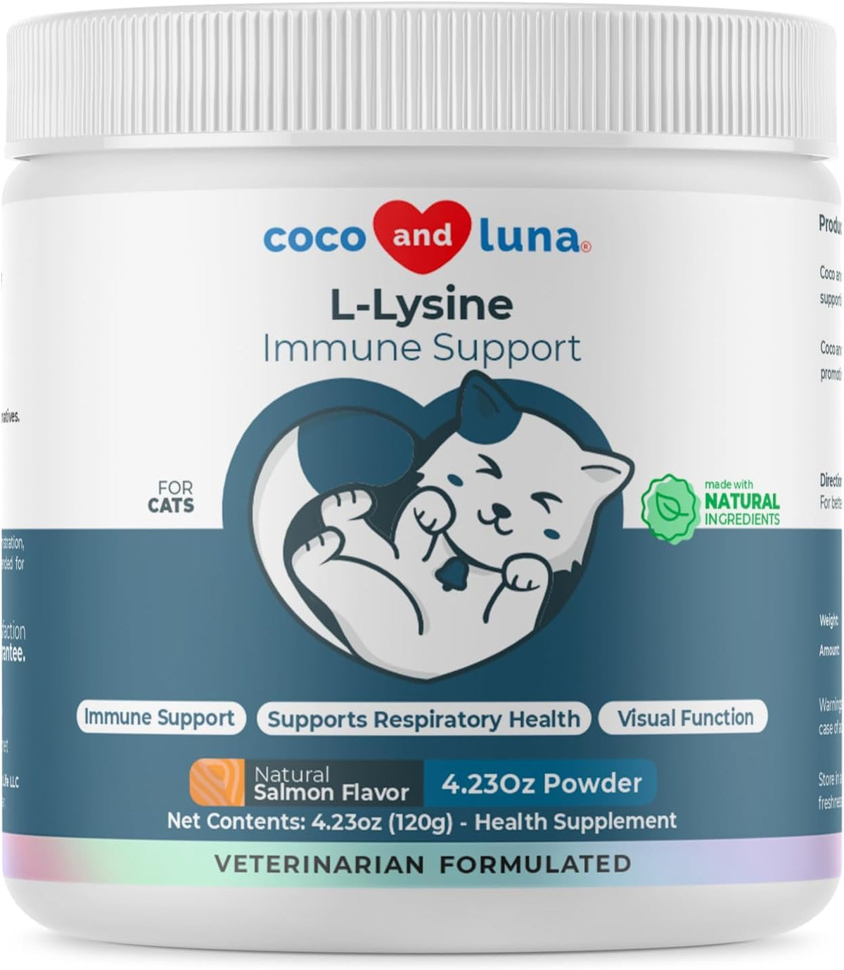 L-Lysine powder for cats – 900mg per scoop, packaging shot