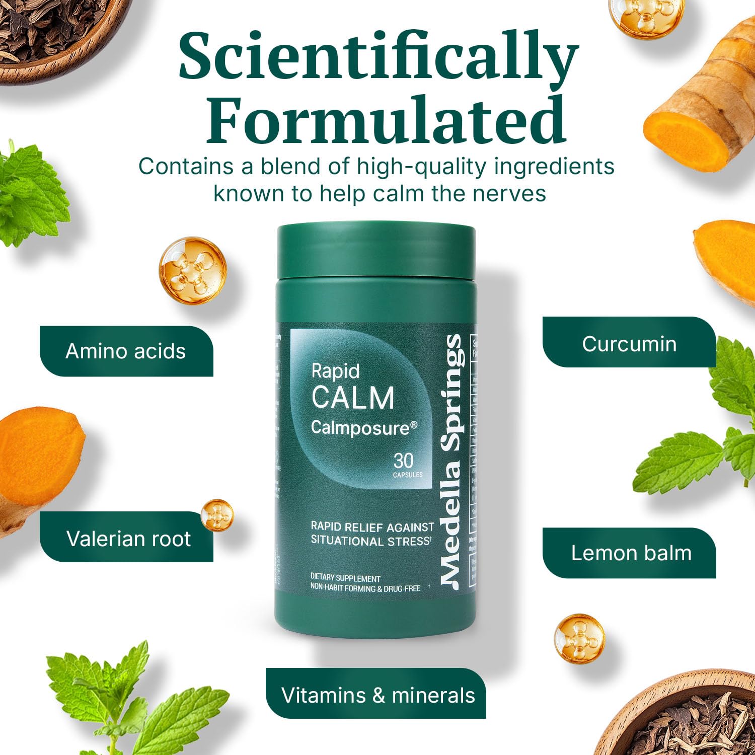 Bottle showing L-lysine, curcumin, lemon balm and valerian root