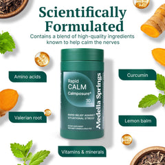 Bottle showing L-lysine, curcumin, lemon balm and valerian root