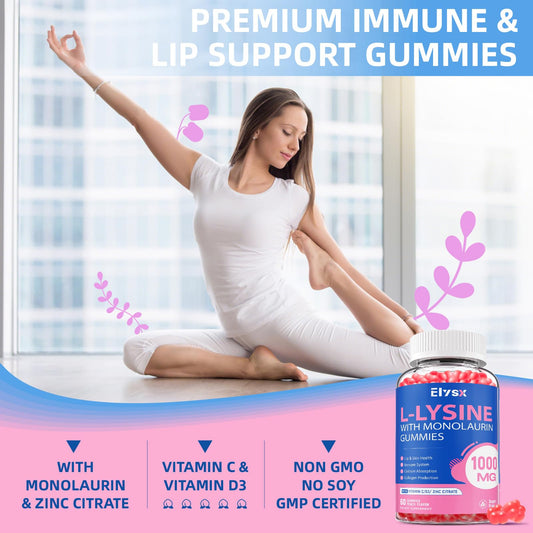 Close-up of peach-flavored L-Lysine gummies with Monolaurin ingredients