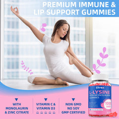 Close-up of peach-flavored L-Lysine gummies with Monolaurin ingredients