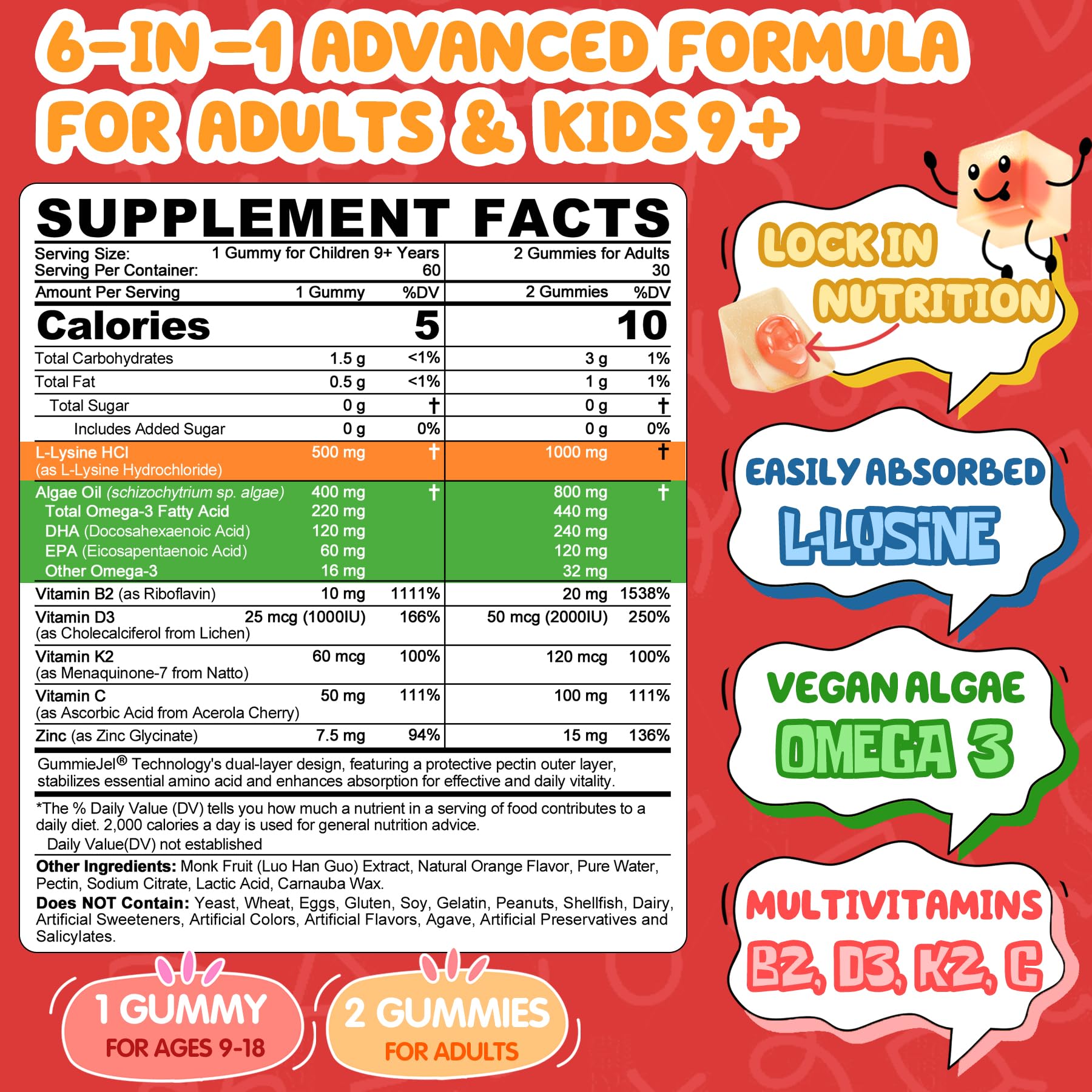 L-Lysine Gummies with algae omega-3 DHA and EPA