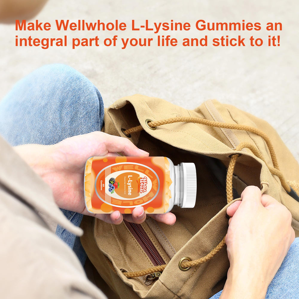 Lifestyle image of a woman using L-Lysine gummies for lip and cold sore support