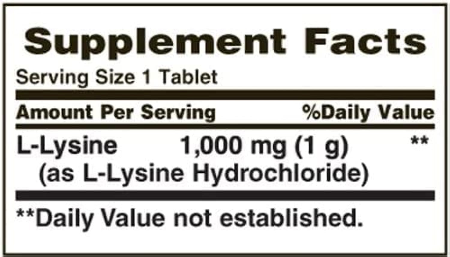 Supplement facts label for L-Lysine 1000 mg