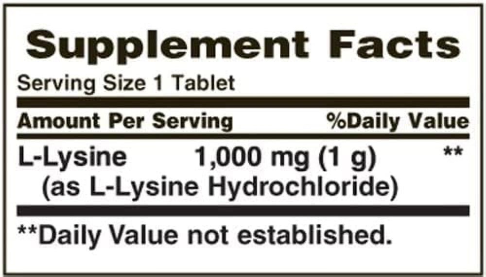 Supplement facts label for L-Lysine 1000 mg