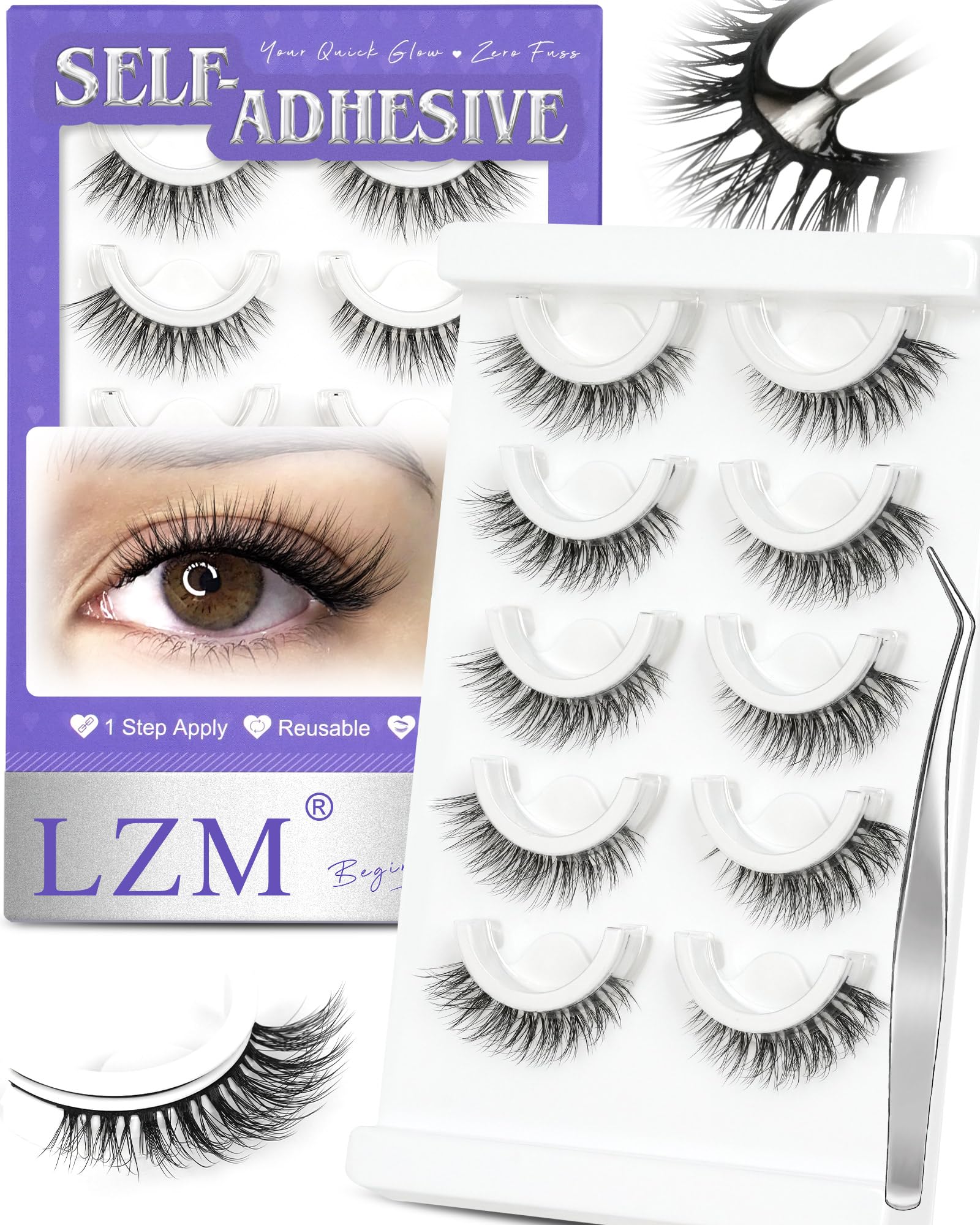 LZM self-adhesive eyelashes glueless strip application for quick, mess-free wear.