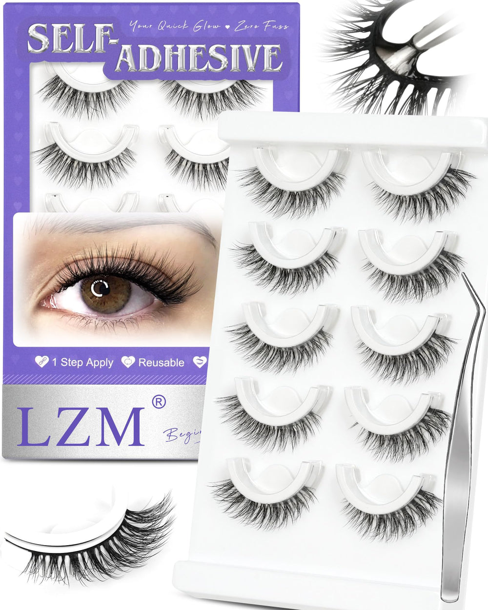 LZM self-adhesive eyelashes glueless strip application for quick, mess-free wear.
