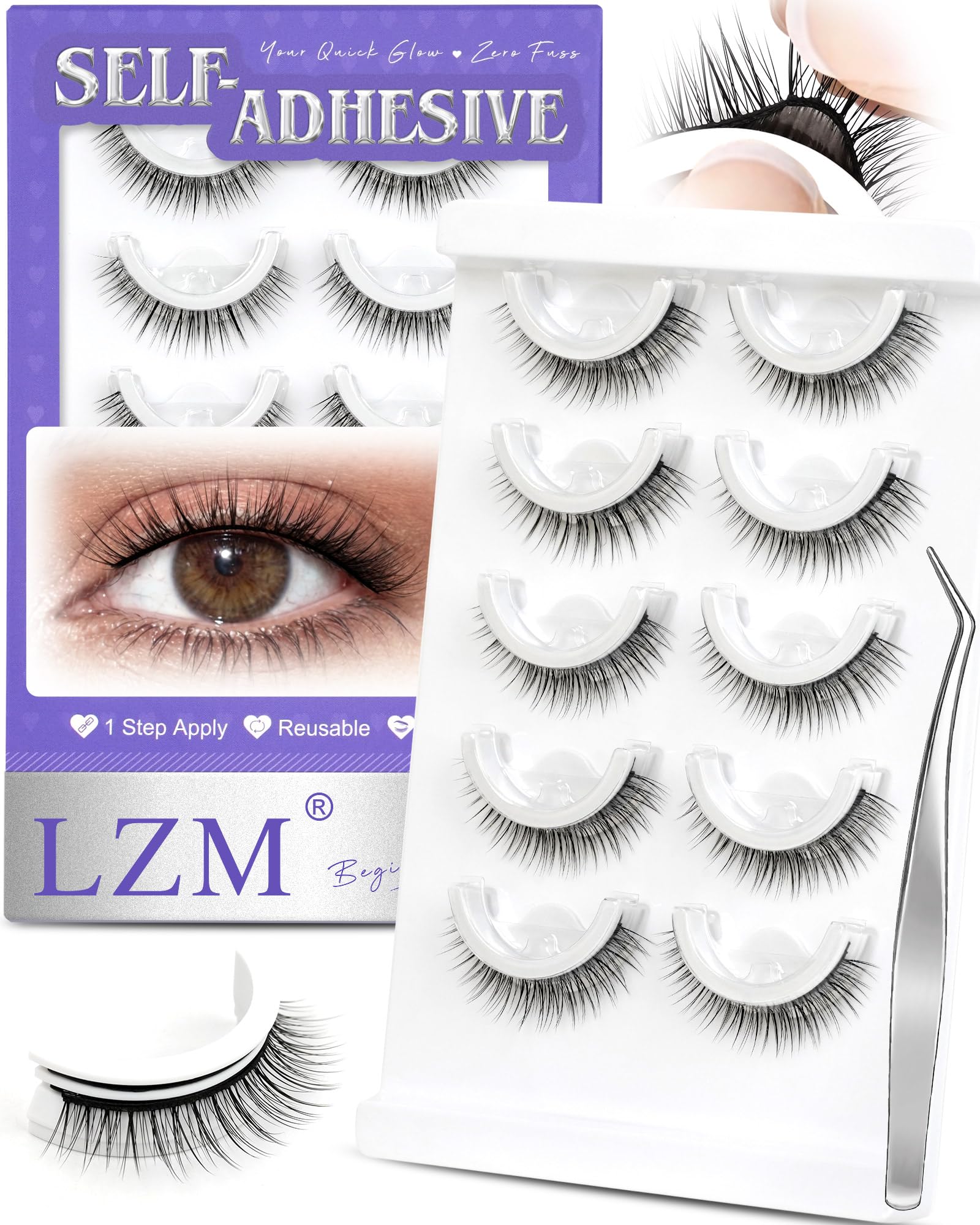 LZM self-adhesive eyelashes packaging shows easy glue-free application.