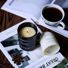 Candle glowing softly in a modern living room