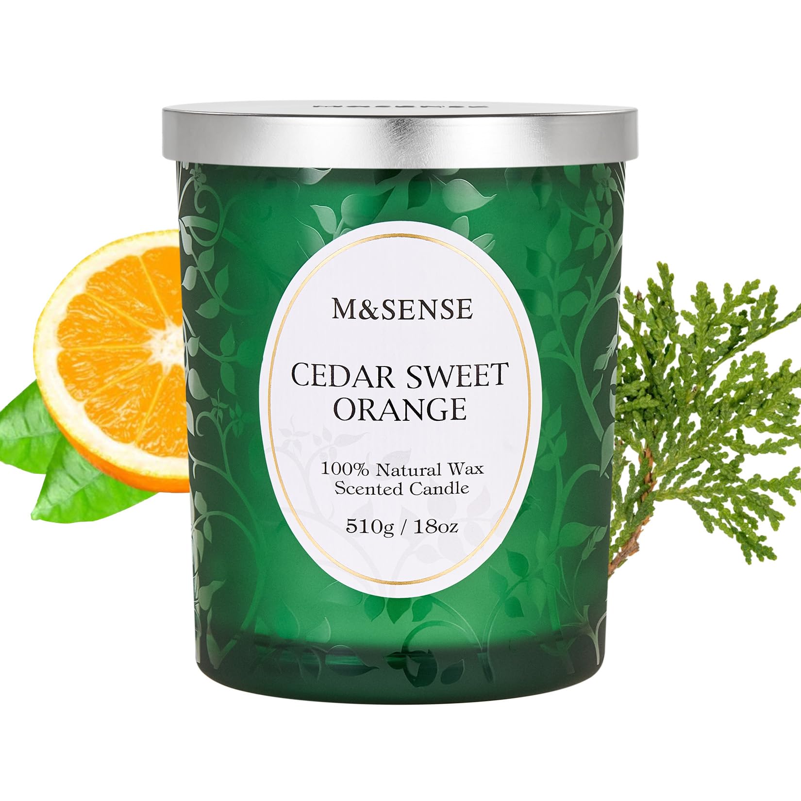M&SENSE Cedarwood Orange Candle premium label conveys quality home fragrance.