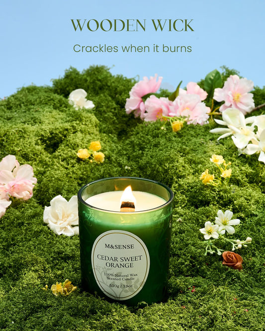 M&SENSE Cedarwood Orange Candle crackling wooden wick offers fireplace-like relaxation.