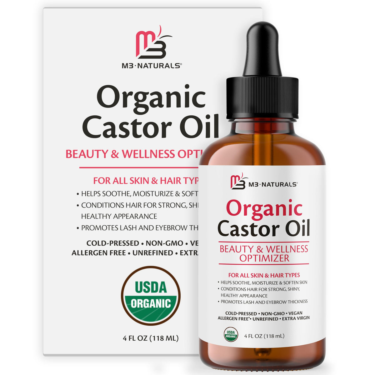 M3 Naturals 4 oz glass bottle with dropper castor oil