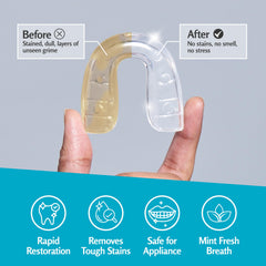 Invisalign retainers and dental appliances being cleaned with tablets
