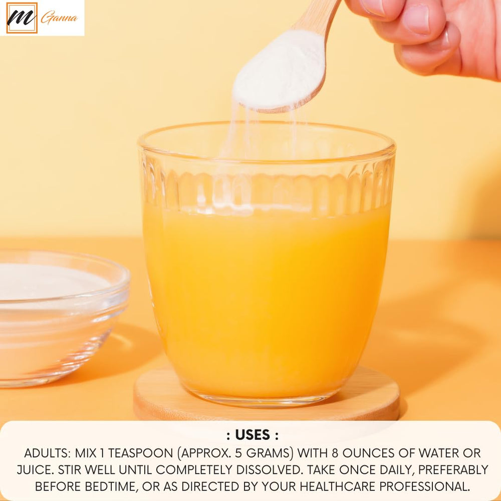 Sealed pouch and scoop of mGanna Magnesium Hydroxide Powder 227 g