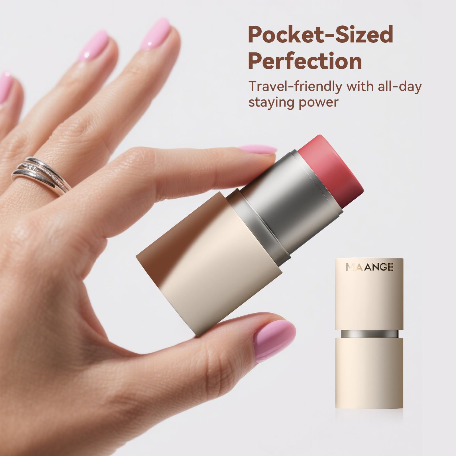 MAANGE Blush Stick demonstrates buildable color from sheer to bold