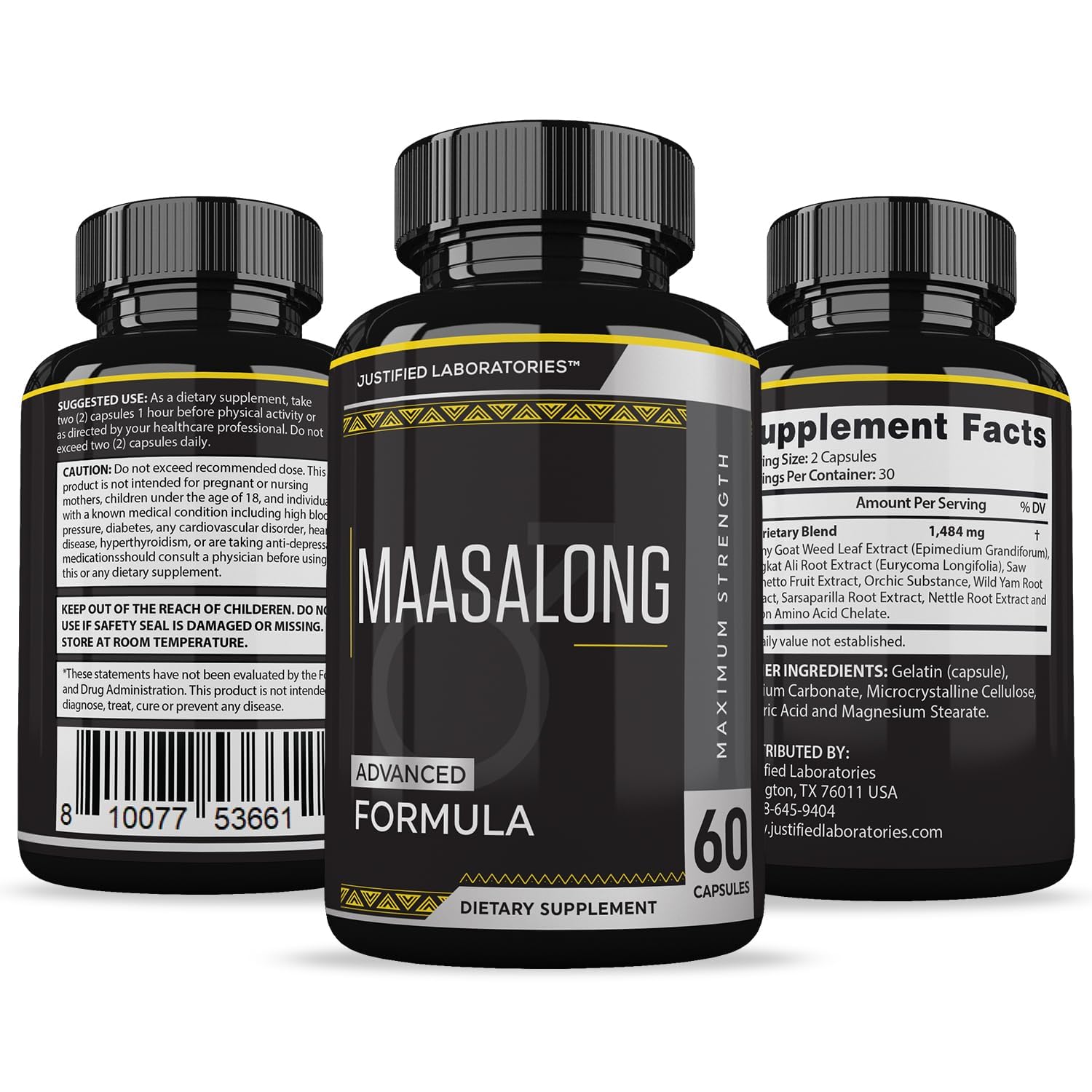 Justified Laboratories branding and packaging for Maasalong 120 capsules