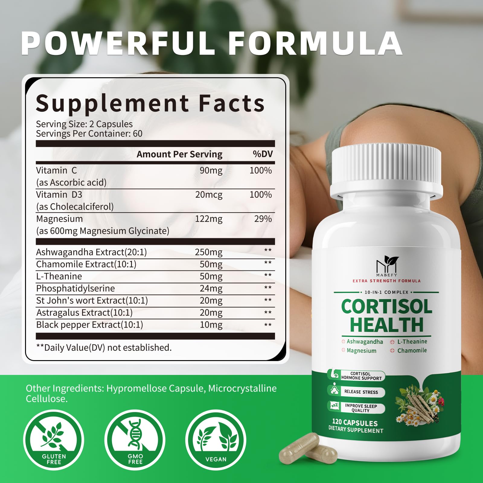 Close-up of the MABEFY Cortisol Support label