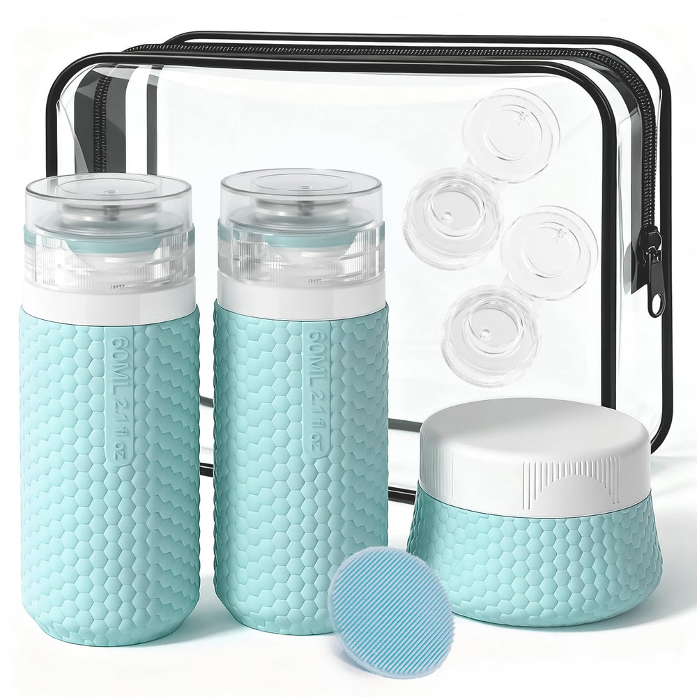 Mabnuby travel bottle set in blue leather finish for secure gym essentials.