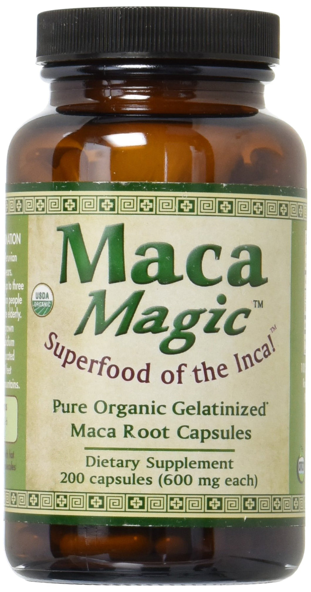 Front view of Maca Magic Organic Capsules bottle