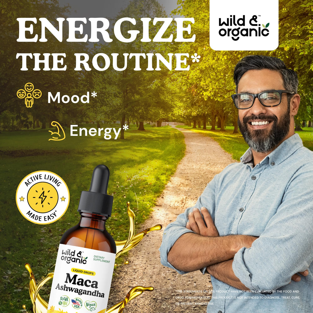 Label highlighting maca root 400 mg and ashwagandha 280 mg per serving