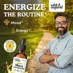 Label highlighting maca root 400 mg and ashwagandha 280 mg per serving