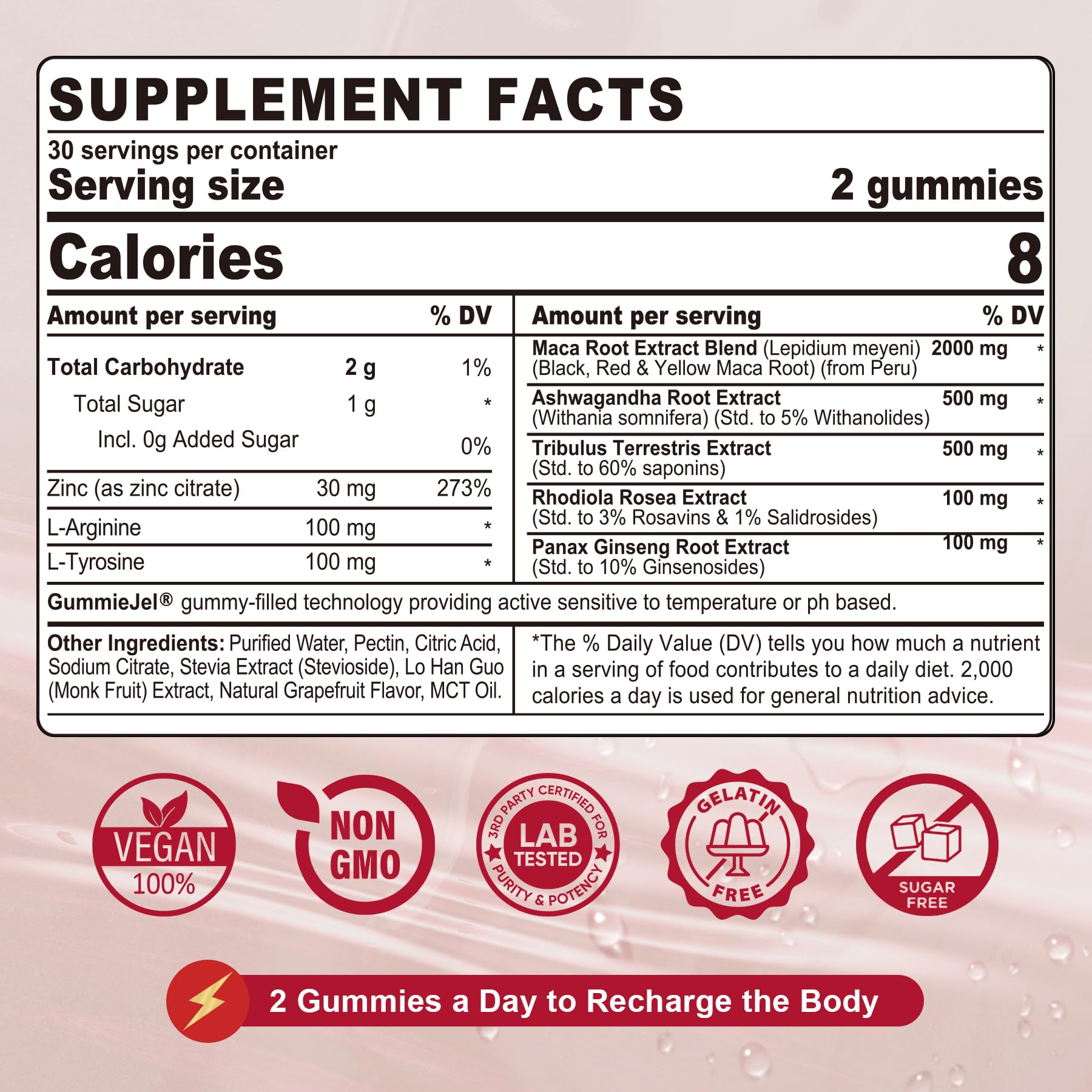 Close-up of sugar-free maca root gummy with liquid-filled center