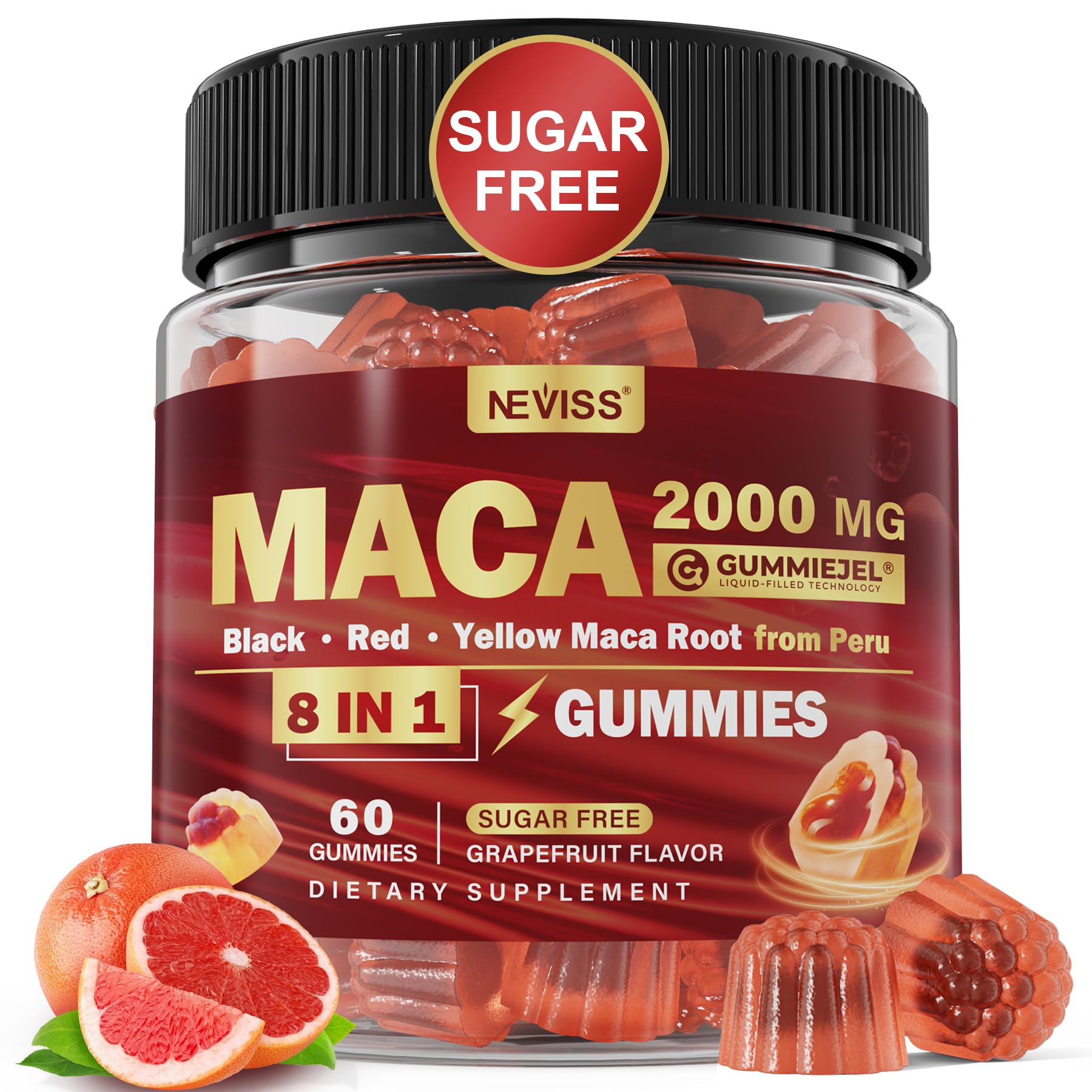 Product front view of Maca Root Filled Gummies 2000mg with grapefruit flavor