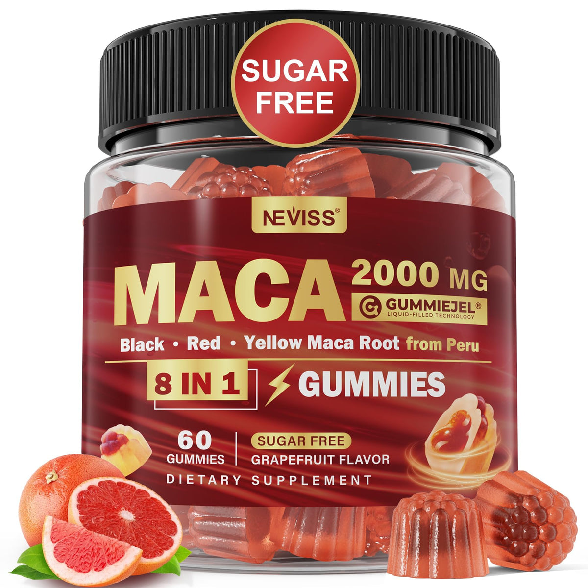 Product front view of Maca Root Filled Gummies 2000mg with grapefruit flavor