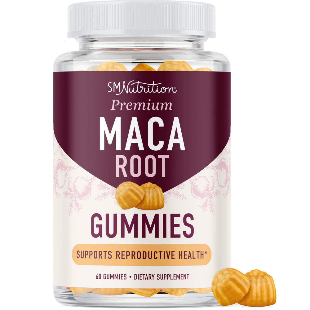 Front view of Maca Root Gummies Peach Flavor bottle