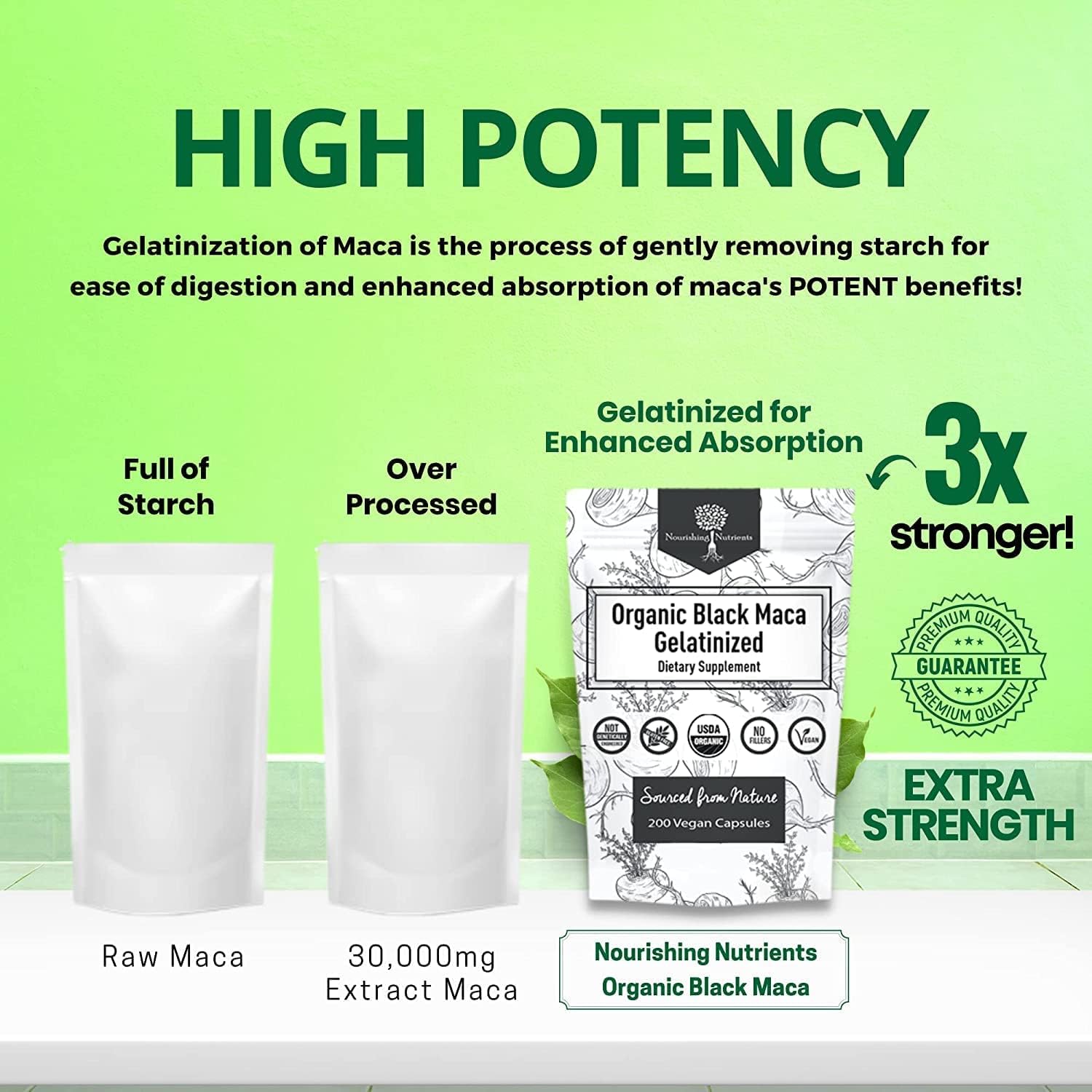 Maca root powder and bottle showing organic ingredients