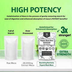 Maca root powder and bottle showing organic ingredients
