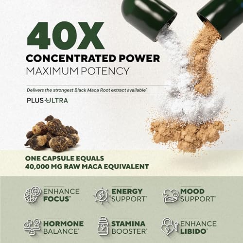 Close-up of MACAPLUS Black Maca Root capsules