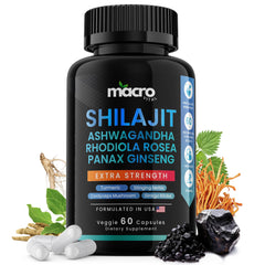 Macro Vital Shilajit 8-in-1 supplement bottle on white background