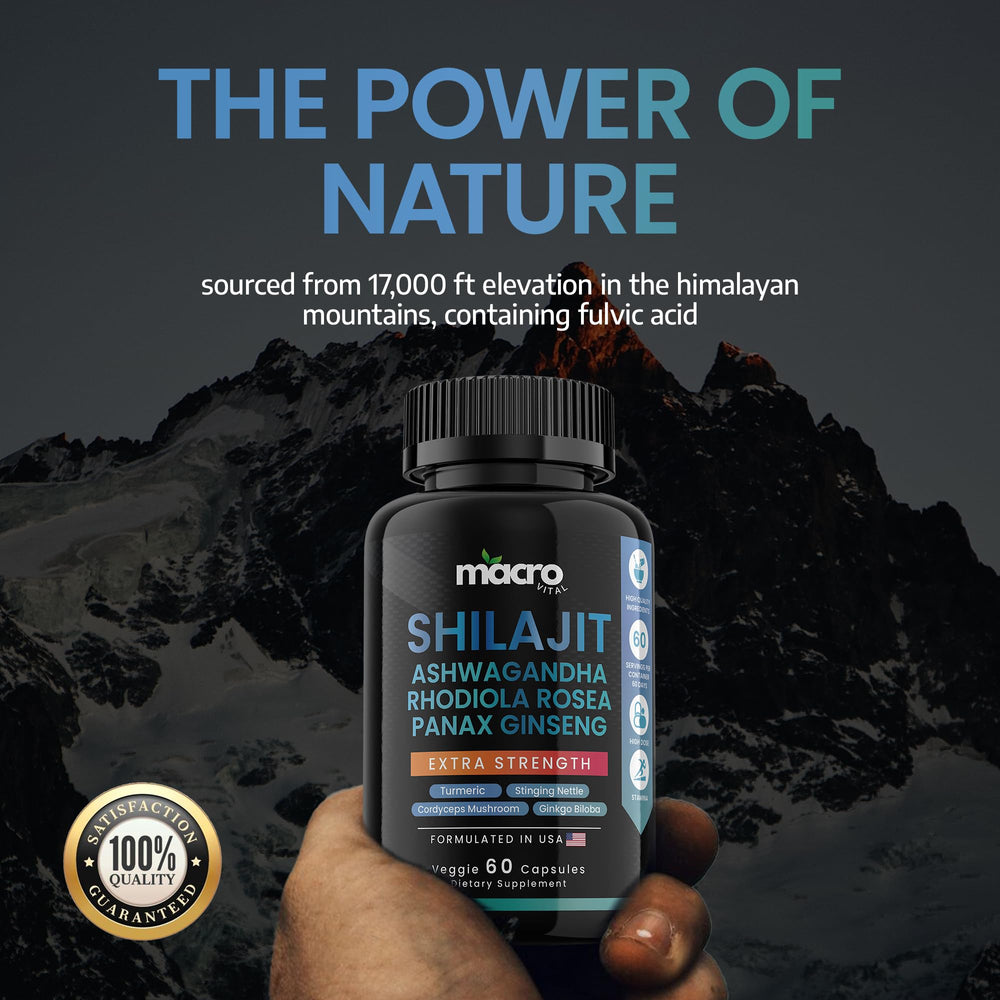 Front packaging labeled Shilajit 8-in-1 with Ashwaganda and Rhodiola