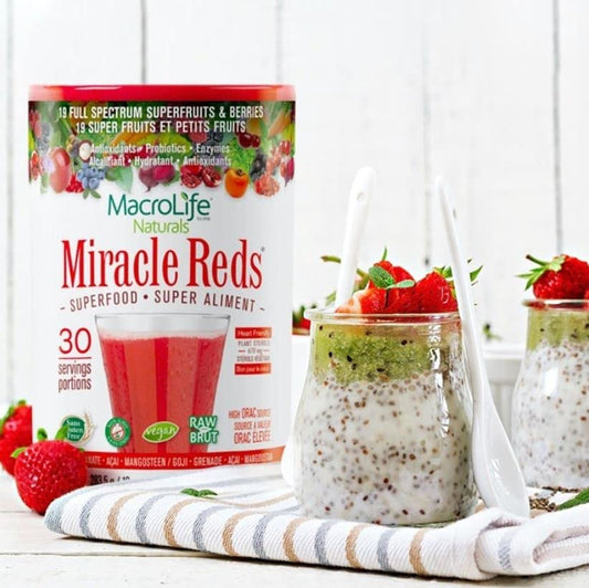 Close-up of Miracle Reds ingredients showing 19 fruits