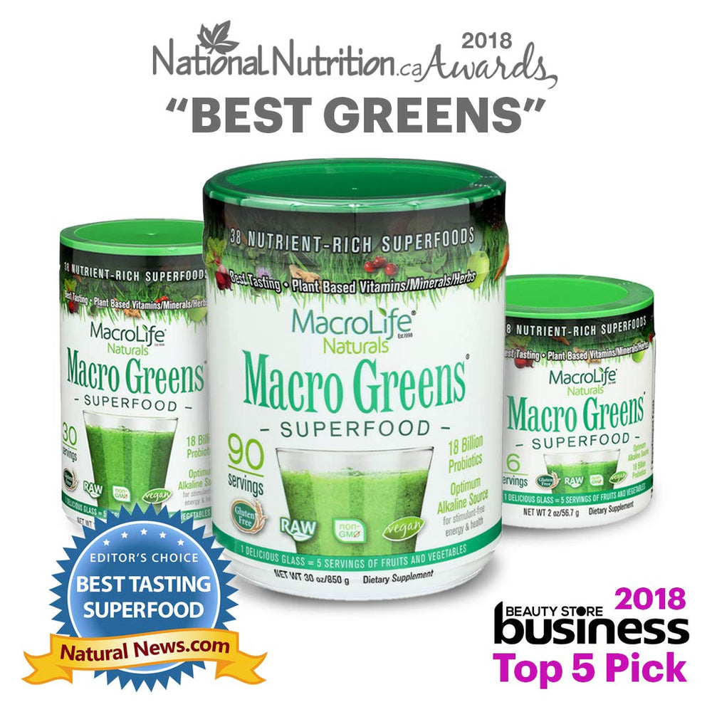 MacroLife Naturals Macro Greens close-up ingredients with vibrant greens and supplements.