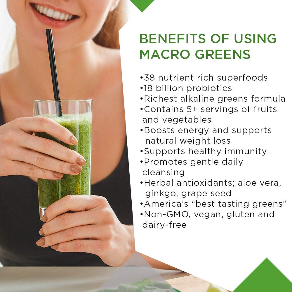 MacroLife Naturals Macro Greens ingredients label showing plant-based nutrition and allergen-free profile.