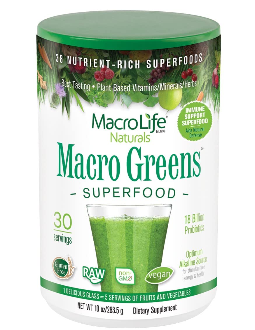 MacroLife Naturals Macro Greens powder bottle for daily greens boost and convenient nutrition.