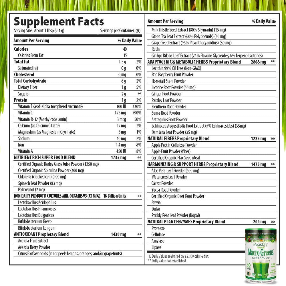 MacroLife Naturals Macro Greens scoop in jar enables easy portion control and mixing.