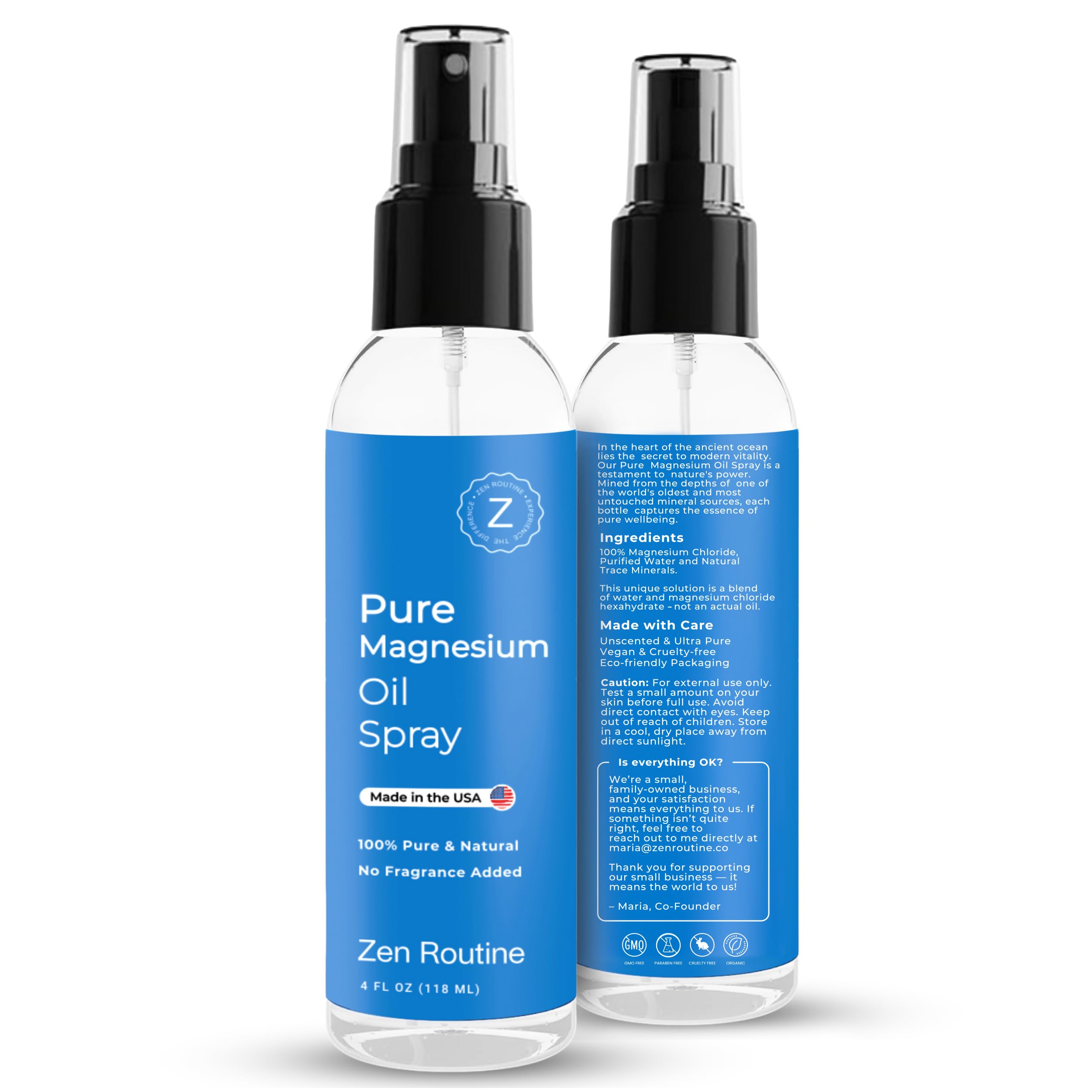 Made in the USA badge on magnesium oil spray bottle