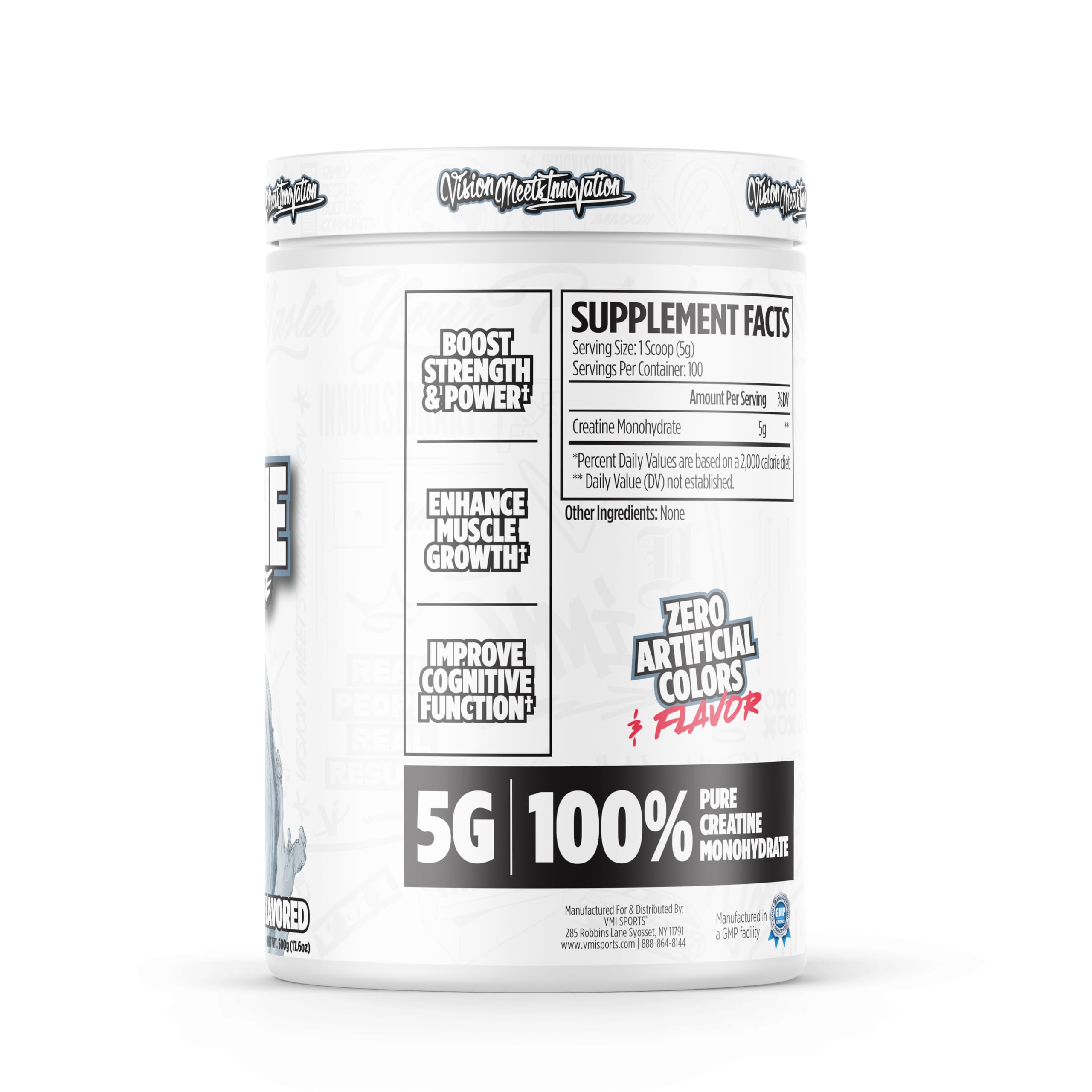 Made in USA label for VMI Sports Creatine Monohydrate powder