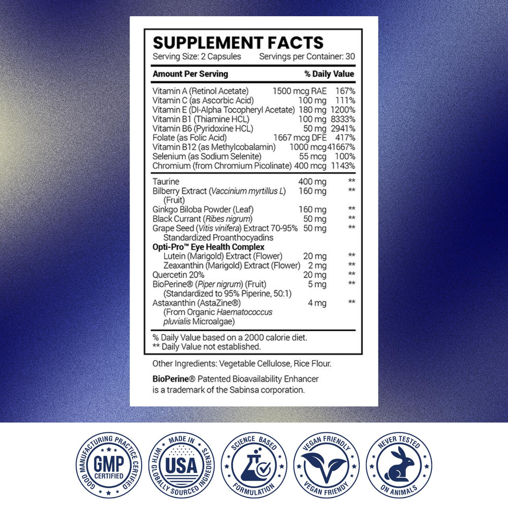 Made in USA stamp on eye health supplement packaging