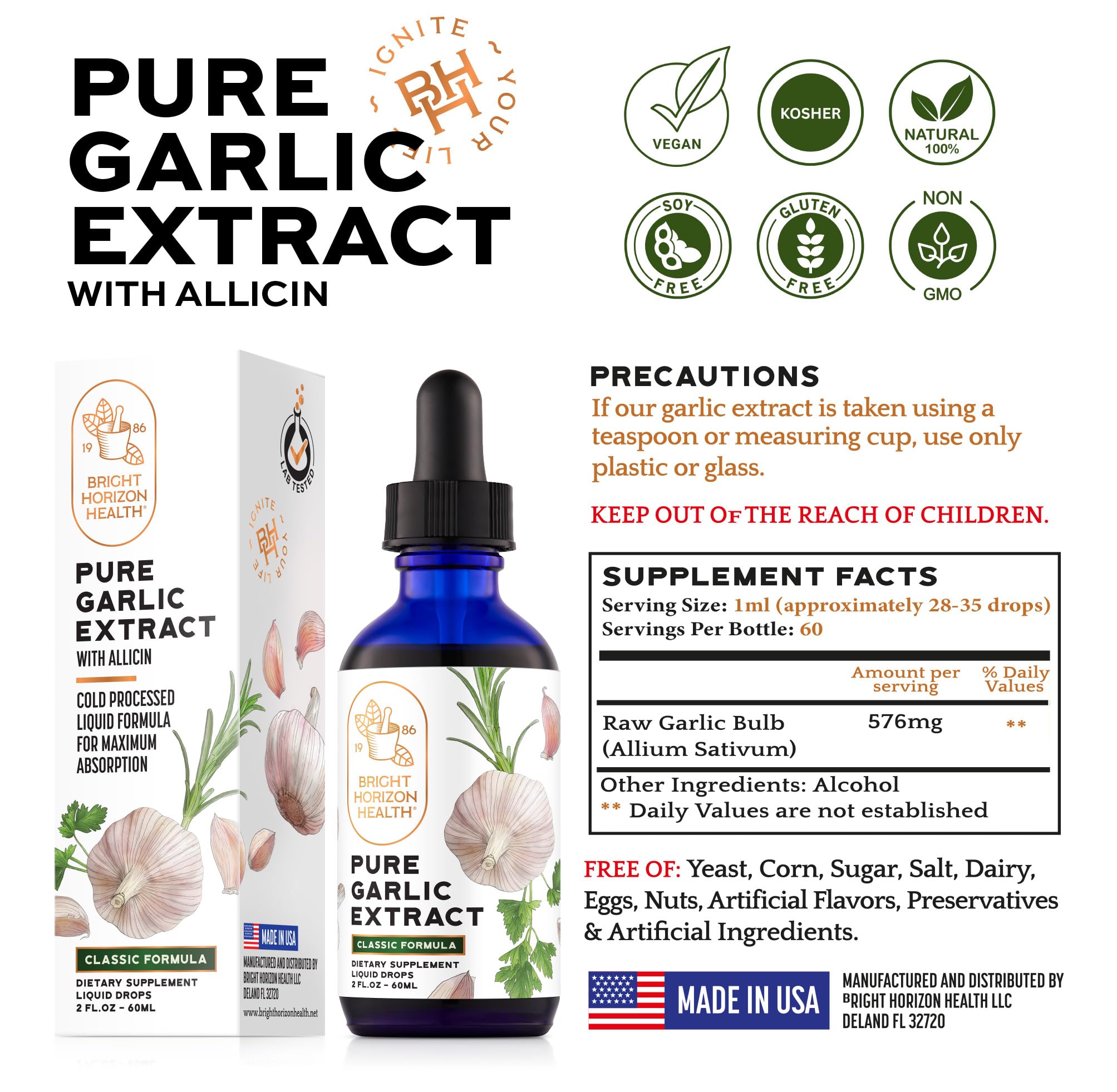 Made in USA garlic extract 2 oz bottle