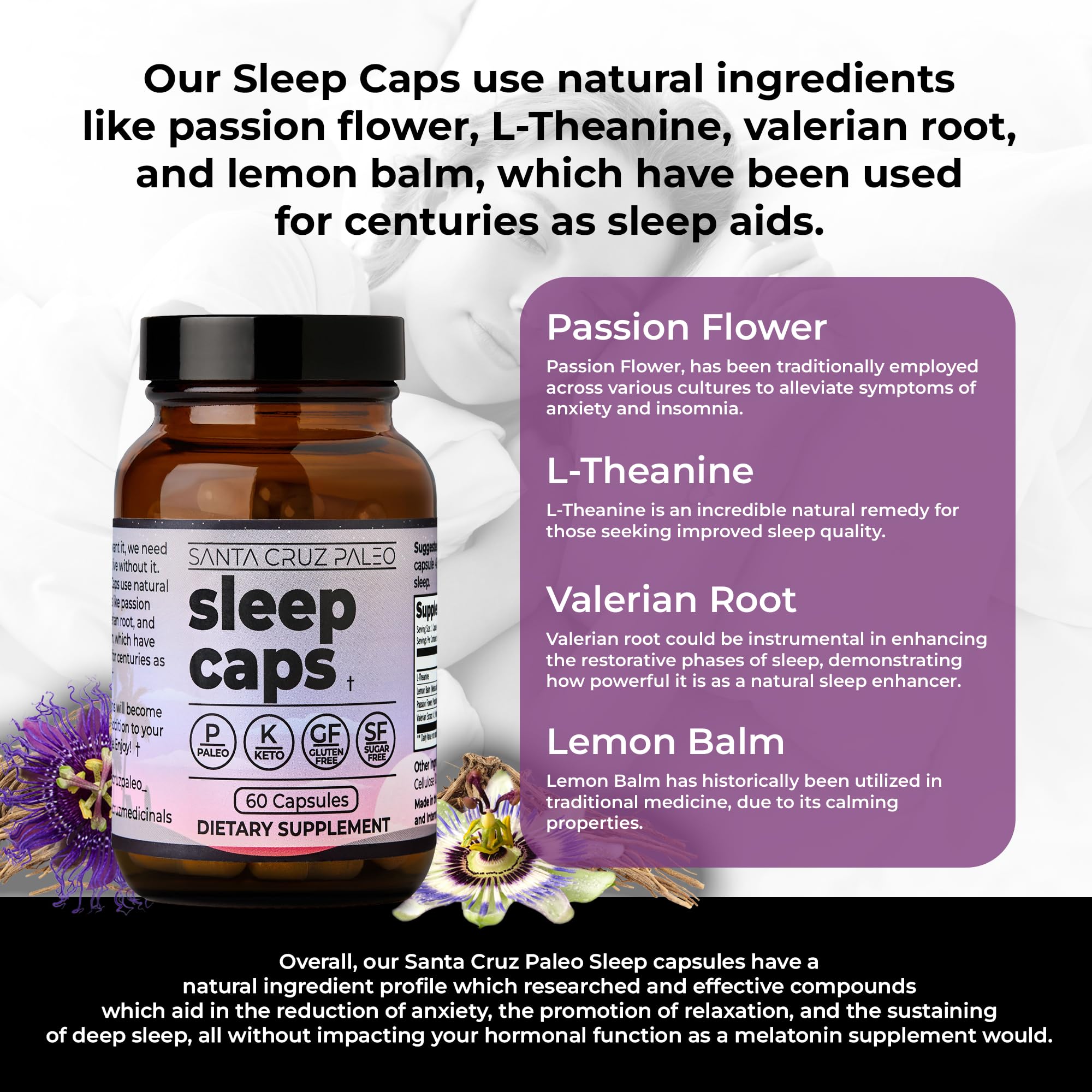 Made in USA badge with Santa Cruz Paleo Sleep Caps bottle