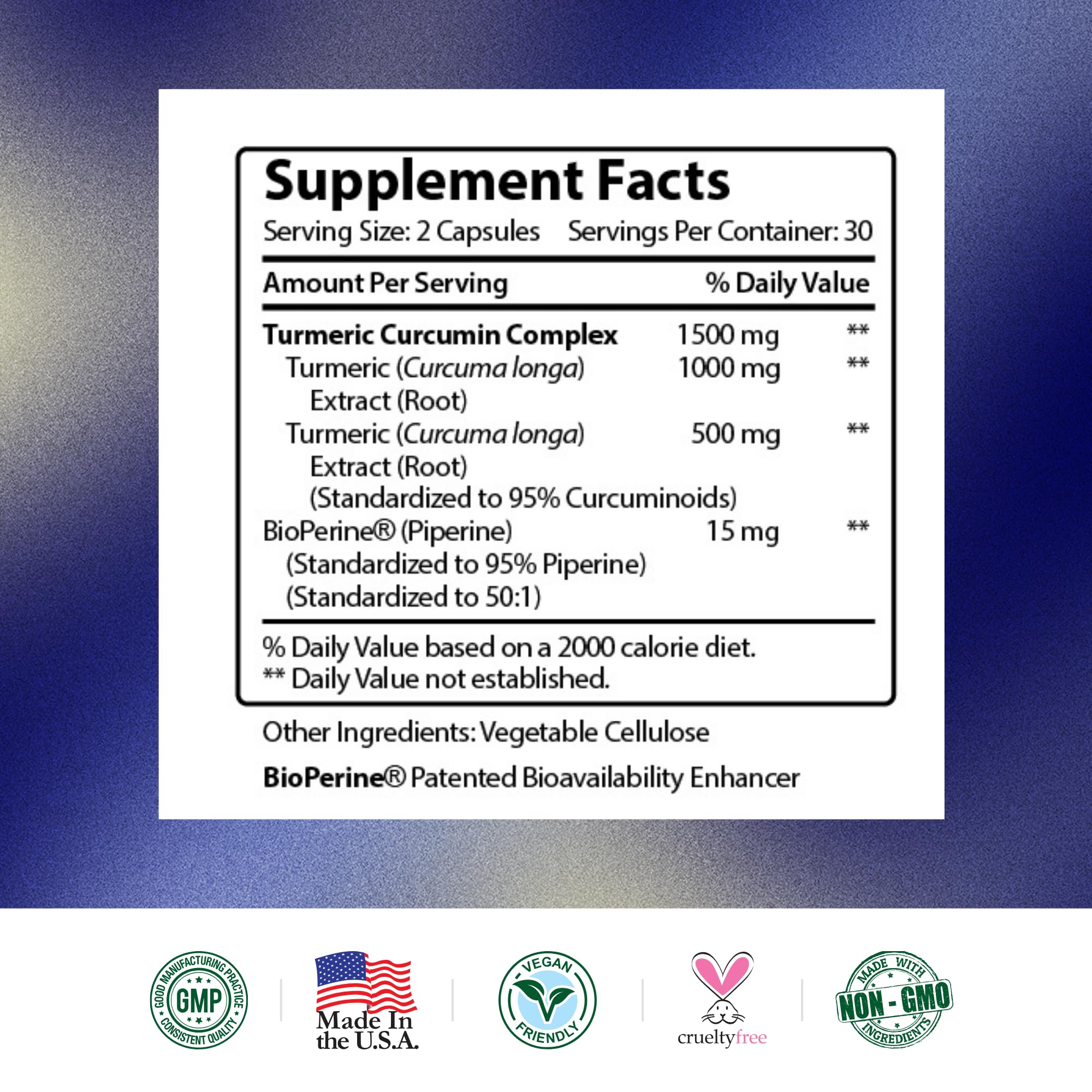 Made in the USA bottle of turmeric curcumin with BioPerine