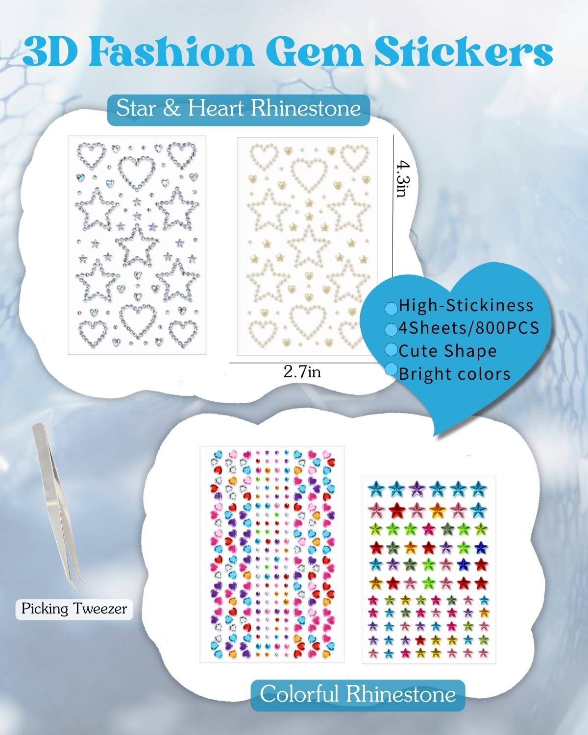 Maffuno self-adhesive gem sheets for easy, long-lasting sparkle on face and body.