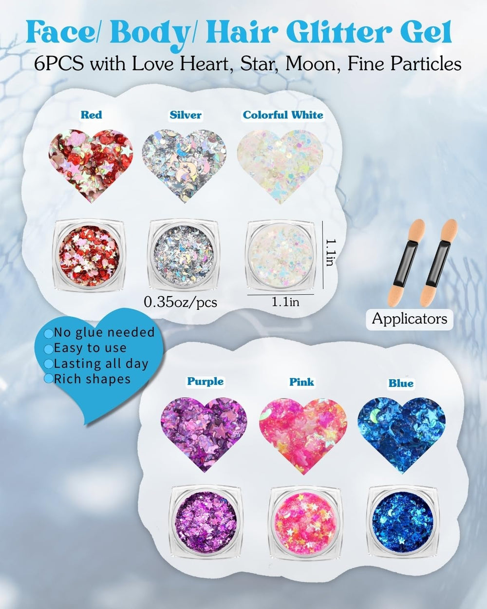 Maffuno six glitter gels colors provide bold daytime-to-night sparkle options.